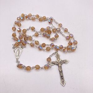 Vintage Signed “BLI” Bliss Sterling Silver And Peach AB Glass Beads Rosary